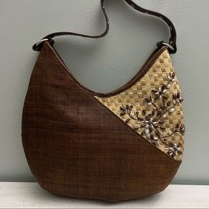 Kate Landry Natural Straw Woven and Beaded Top Handle Shoulder Bag